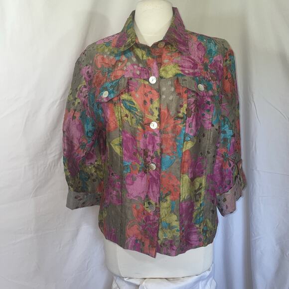 Ruby Rd. Favorites Sheer Bold Jewel Tones Roll Tab Sleeves Cropped Layer Sz 18 - Picture 13 of 14